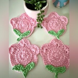 Handmade Pink Tulip Coasters Set of 4 – 100% Cotton Crochet